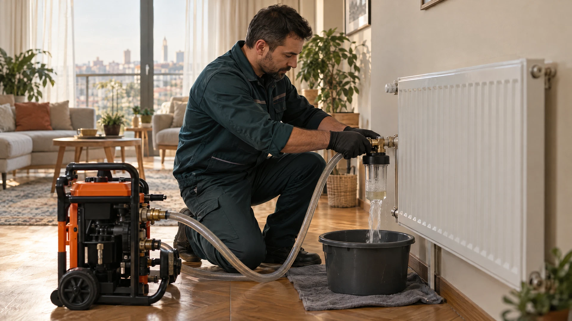 Torbalı'da bir apartman dairesinde petek (radyatör) temizliği yapan servis teknisyeni